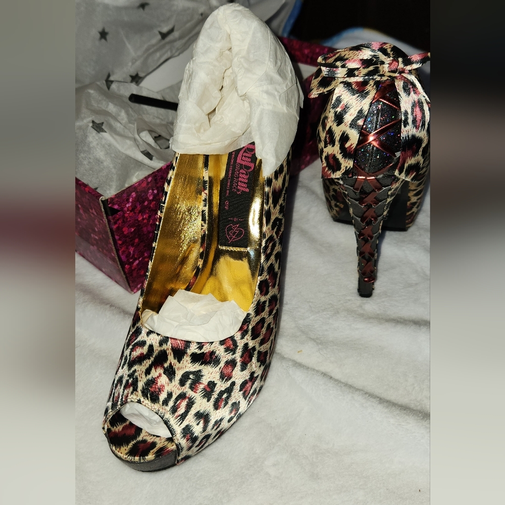 RuPaul leopard print heels